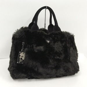Prada Handbag Canapa Logo Faux Fur Black